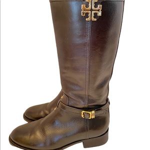 Tory Burch Calista Brown Gold Medallion Leather Tall Riding Boots Size 8